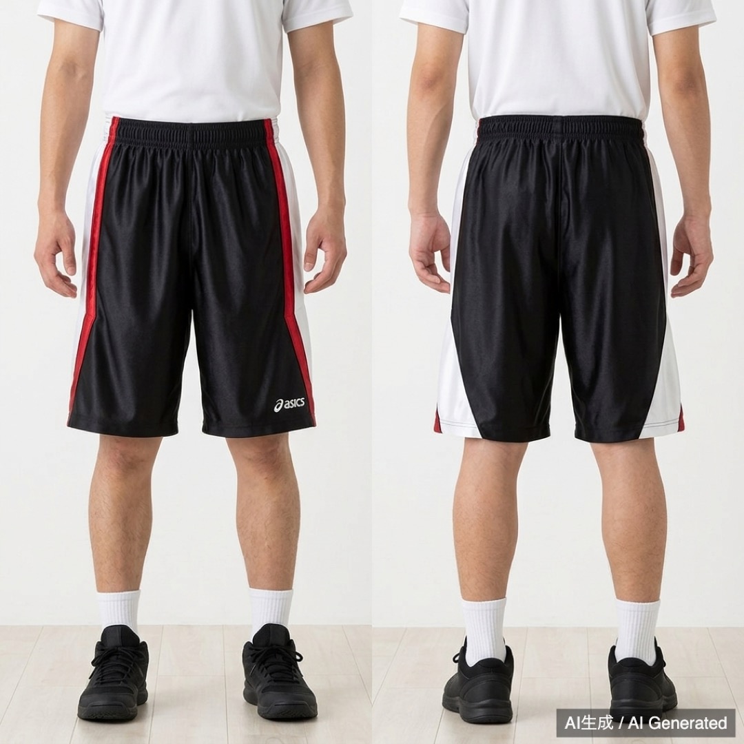 asics バスケットボールパンツ 黒/白/赤 光沢 (1/3)