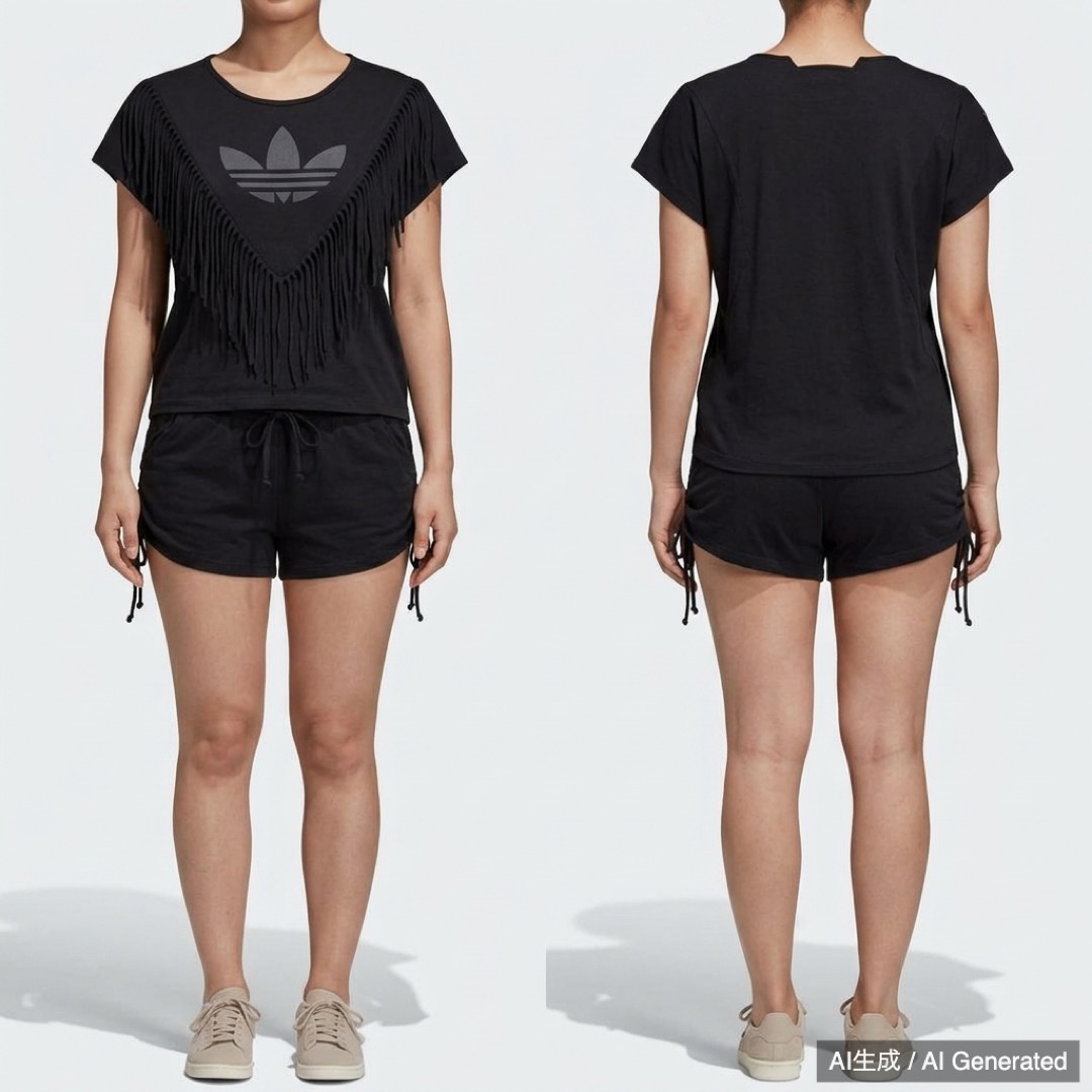 adidas レディース ブラック フリンジ Tシャツ & ショーパン セット (1/6)