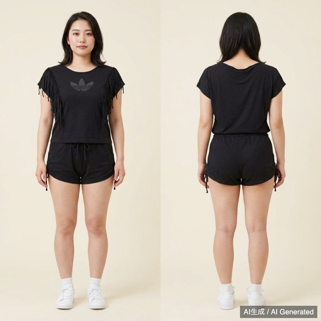 adidas レディース ブラック フリンジ Tシャツ & ショーパン セット
