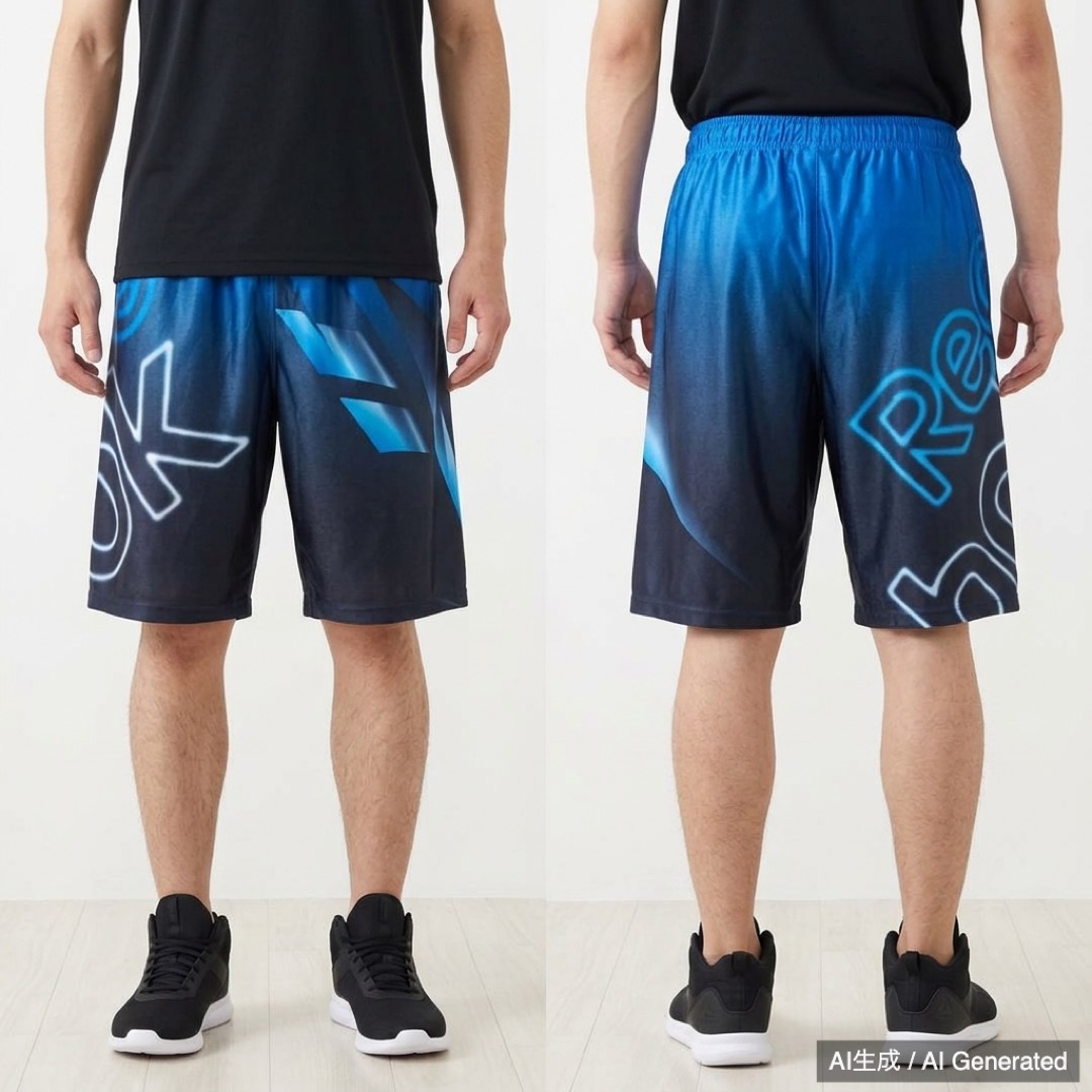 Reebok バスケットボールパンツ 黒/青 光沢 (1/6)