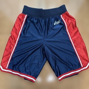 メンズ asics バスケットボールパンツ ネイビー/レッド 光沢